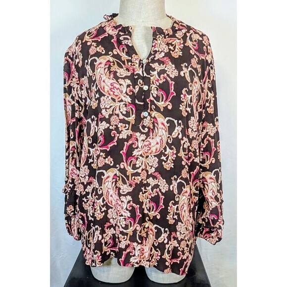 Wonderly Tops - Wonderly Plus Size 3X Boho Brown Paisley V-neck Blouse NEW